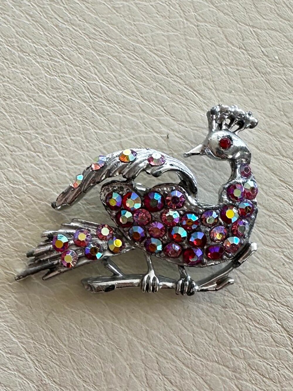Vintage 1950s Aurora Borealis jewelry peacock pin, bird brooch, bird pin